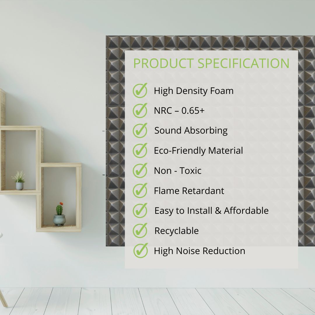 Pyramid Acoustic Foam Panels Set of 6, Black | 12"x12"x25MM Thick